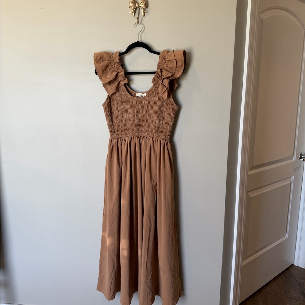 Entro Medium Tan Ruffle Midi Dress - Picture 3 of 10